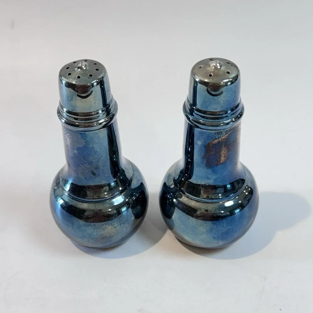 Vintage MCM Blue Lusterware Atomic Salt Pepper Shakers Iridescent Glaze‎